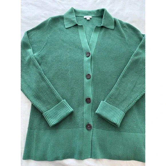 J. Jill Green Waffle Knit Collared Button Up Classic Cardigan Women's Size Med. - Picture 9 of 16